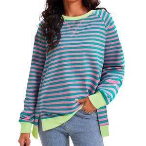 Cestyle Pink Teal Lime Striped Color Block Crewneck Oversized Sweatshirt Top XL